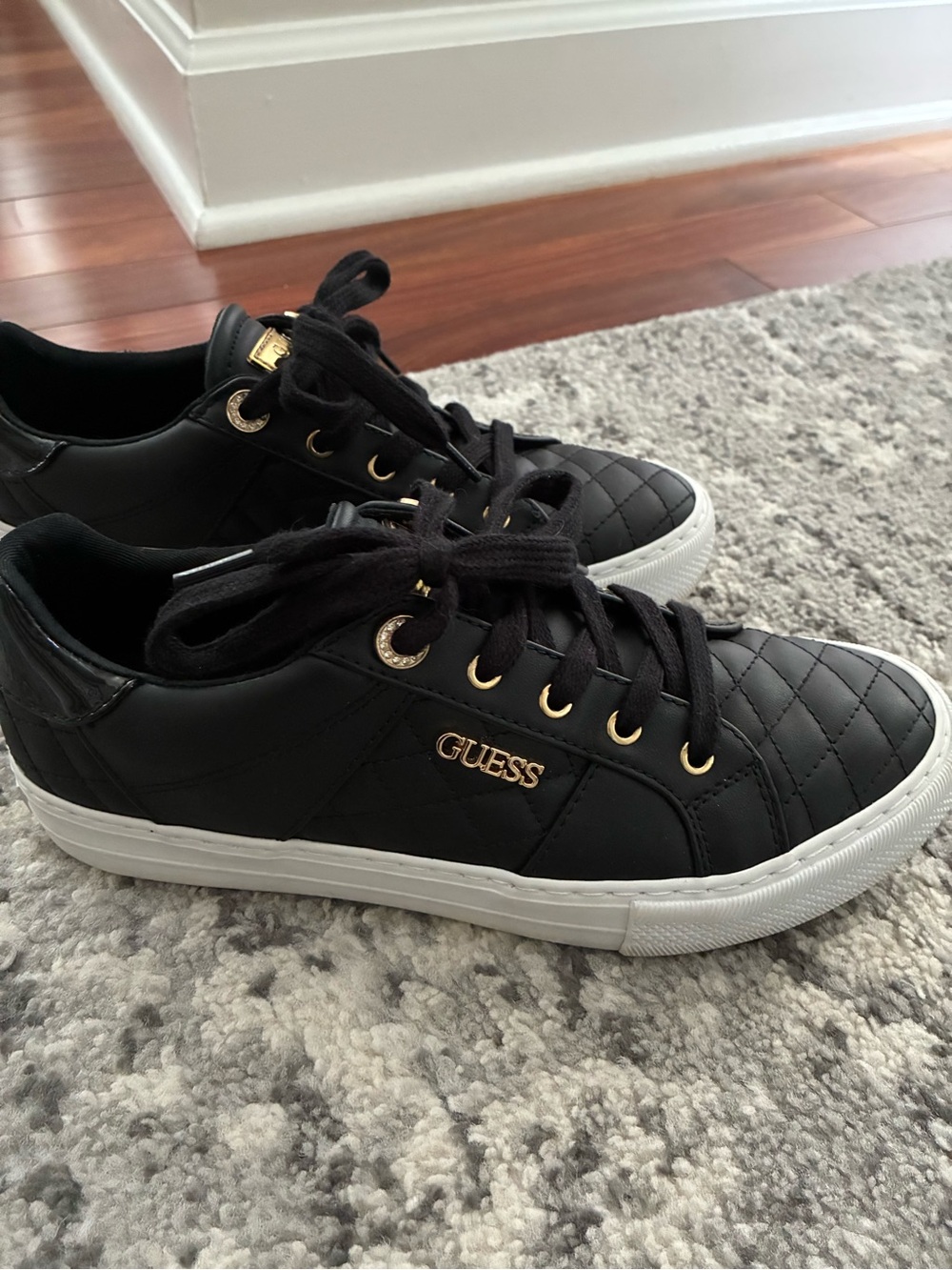 Guess Black Quilted Lace-Up Sneakers with Gold Accents - Picture 2 of 7